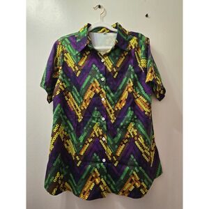 Mardi Gras Shirt Womens Retro Zigzag Pattern Short Sleeve Button Down‎ Shirt Top
